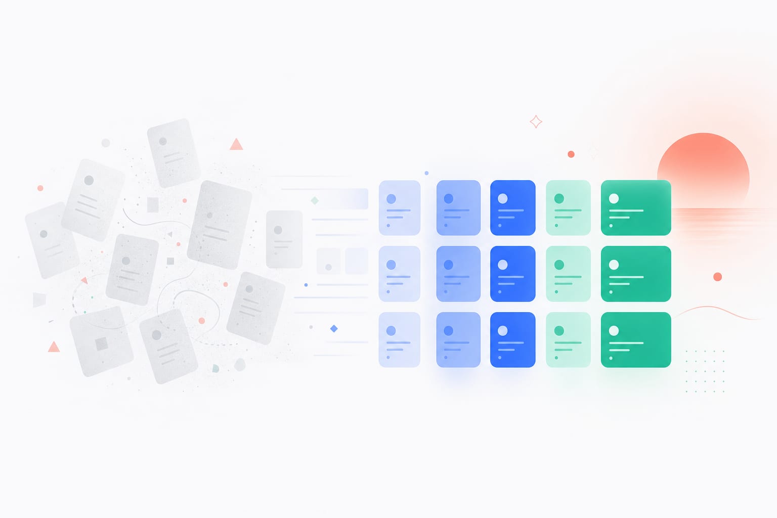 Abstract illustration: noisy grey blocks resolving into clear, aligned cobalt and mint cards