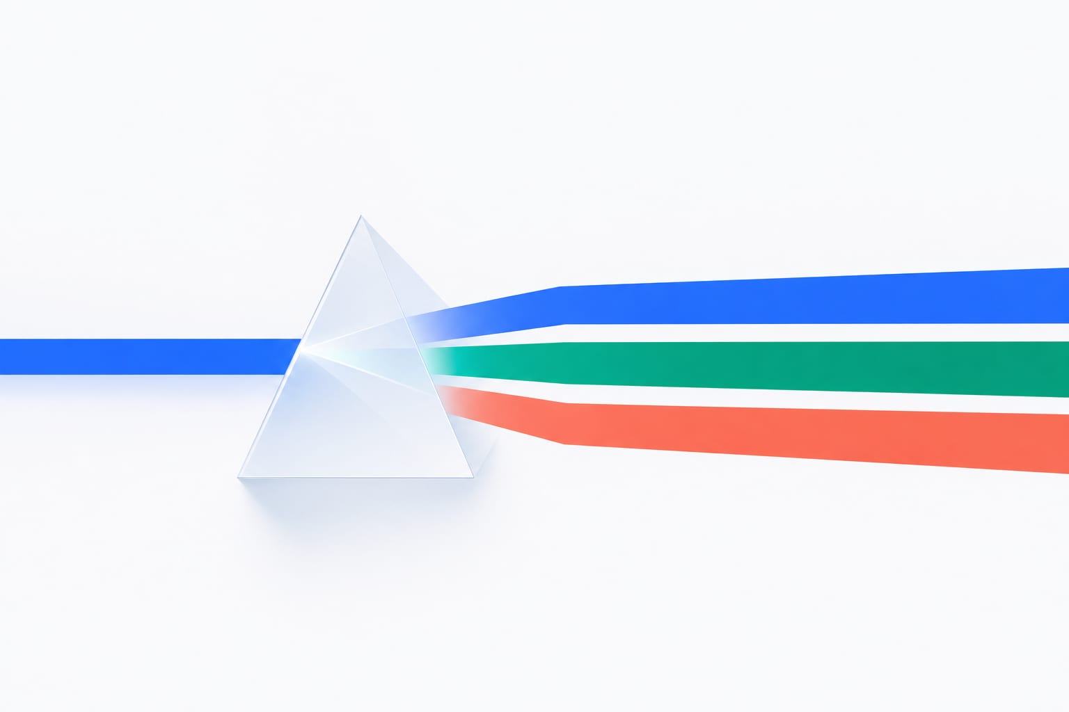 Abstract illustration: one beam refracting through a prism into three coloured ribbons
